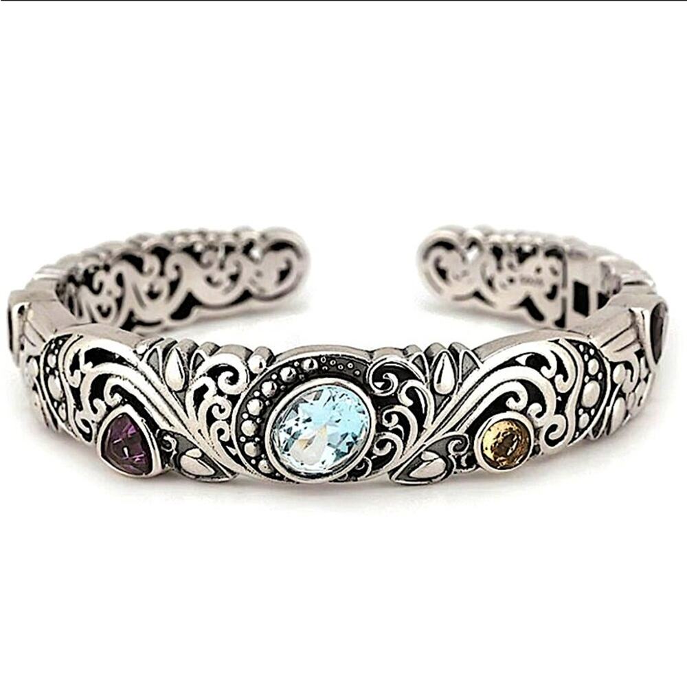Vintage Sterling Silver Bangle, Multicolor Gemstone Engraved Cuff, Elegant - Picture 2 of 5